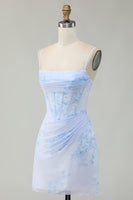 Load image into Gallery viewer, Light Blue Floral Ruched Tight Short Corset Prom Dress