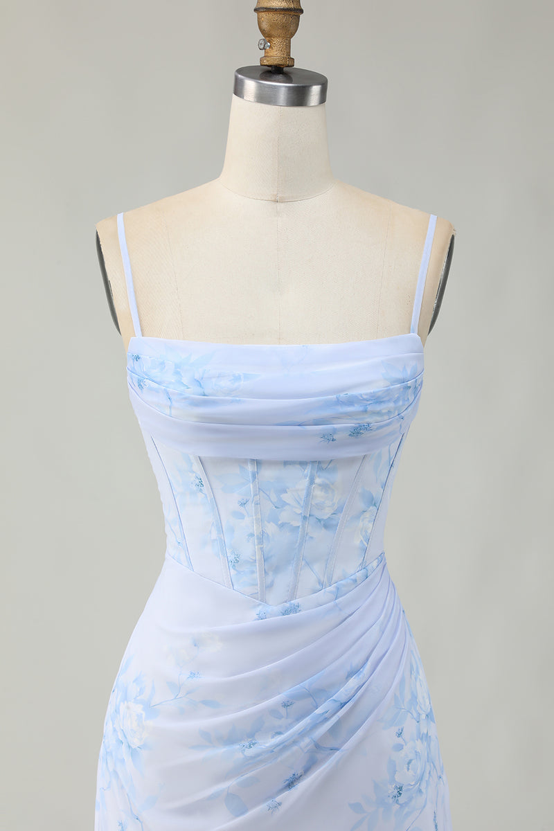 Load image into Gallery viewer, Light Blue Floral Ruched Tight Short Corset Prom Dress