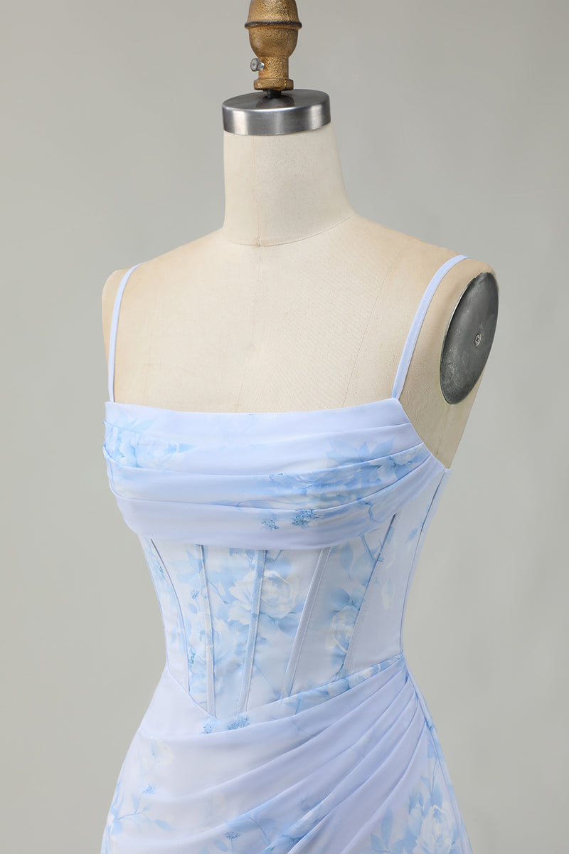 Load image into Gallery viewer, Light Blue Floral Ruched Tight Short Corset Prom Dress