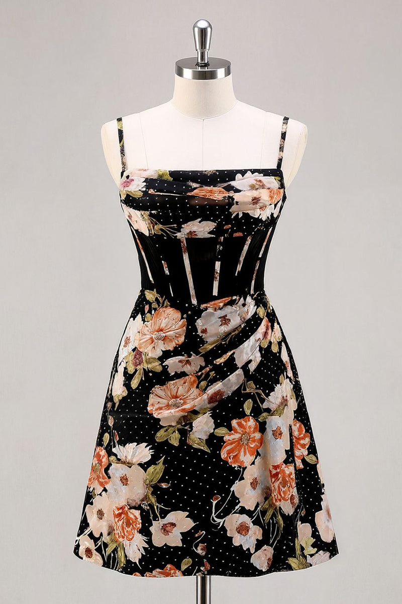 Load image into Gallery viewer, Sparkly Black Short Floral Corset Prom Dress with Beading