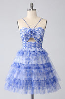 Load image into Gallery viewer, Blue Tiered Floral Keyhole Short Prom Dress with Ruffles