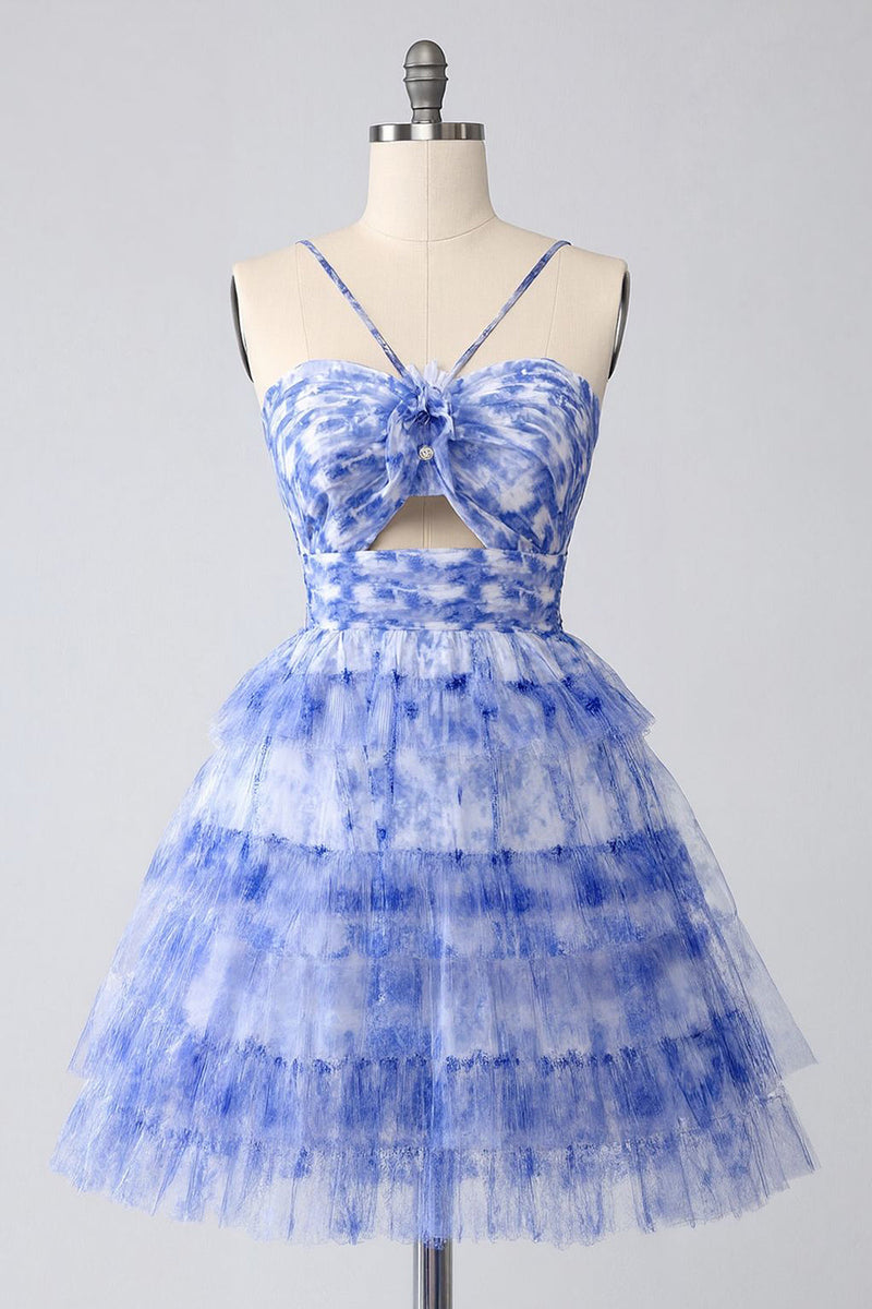 Load image into Gallery viewer, Blue Tiered Floral Keyhole Short Prom Dress with Ruffles