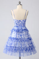 Load image into Gallery viewer, Blue Tiered Floral Keyhole Short Prom Dress with Ruffles