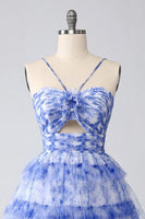 Load image into Gallery viewer, Blue Tiered Floral Keyhole Short Prom Dress with Ruffles