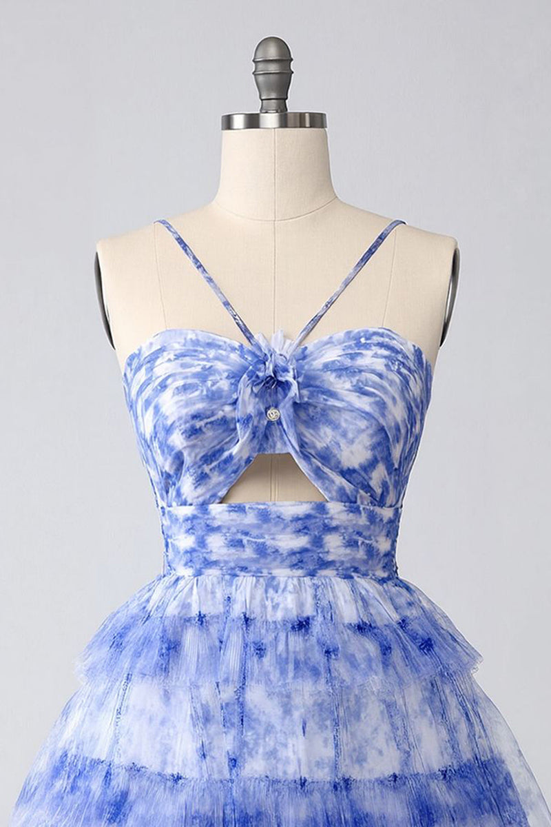 Load image into Gallery viewer, Blue Tiered Floral Keyhole Short Prom Dress with Ruffles
