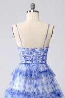 Load image into Gallery viewer, Blue Tiered Floral Keyhole Short Prom Dress with Ruffles