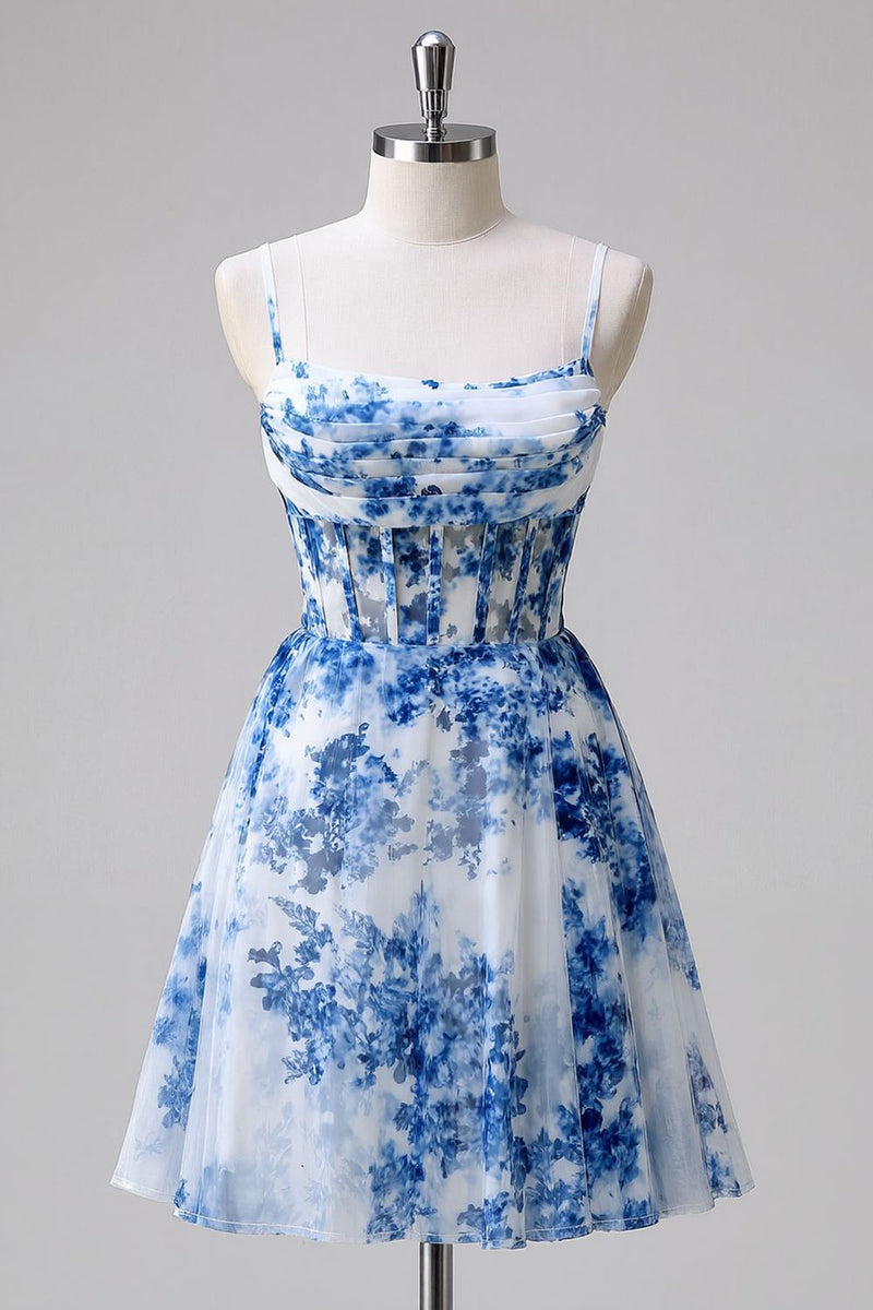 Load image into Gallery viewer, Blue Floral Tulle A Line Ruched Short Corset Prom Dress
