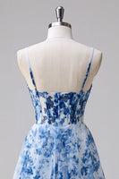 Load image into Gallery viewer, Blue Floral Tulle A Line Ruched Short Corset Prom Dress