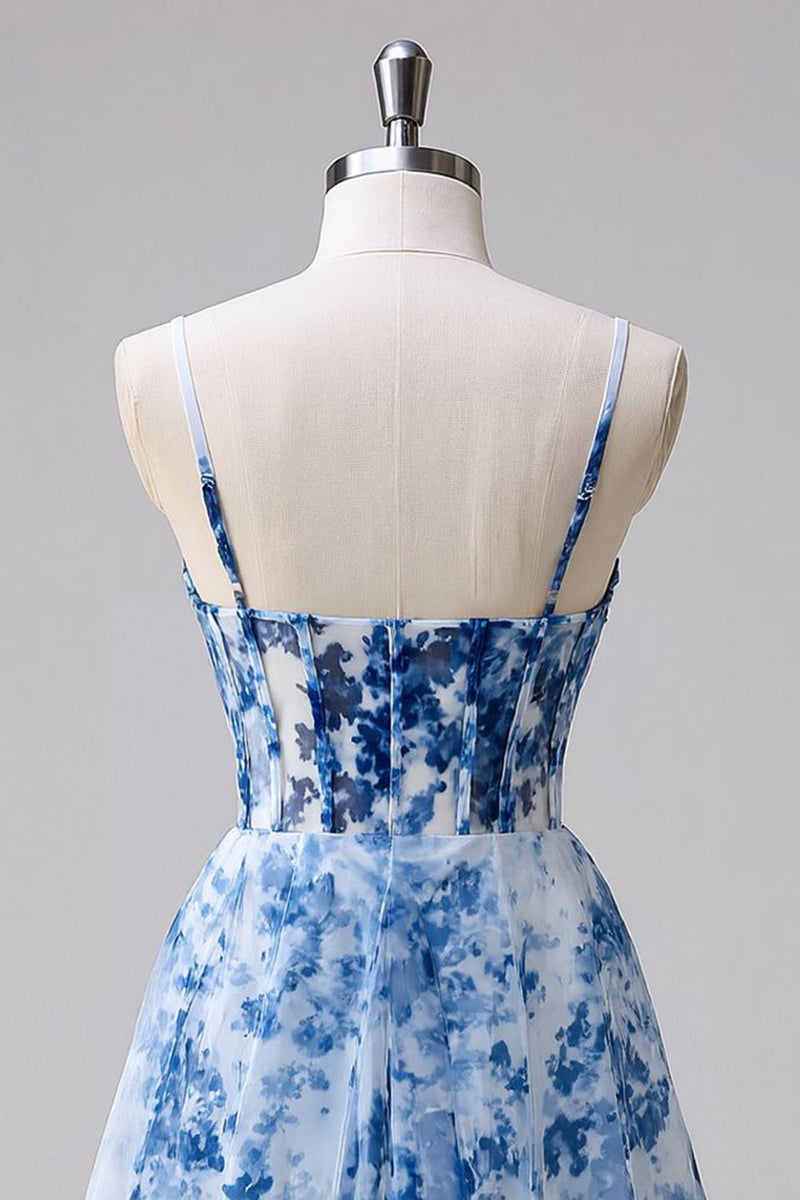 Load image into Gallery viewer, Blue Floral Tulle A Line Ruched Short Corset Prom Dress