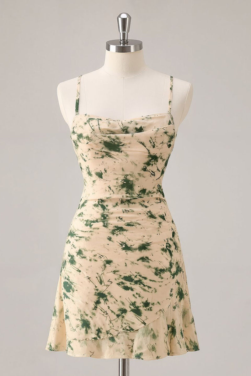 Load image into Gallery viewer, Champagne Ruched Floral Short Prom Dress with Ruffles