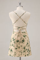 Load image into Gallery viewer, Champagne Ruched Floral Short Prom Dress with Ruffles