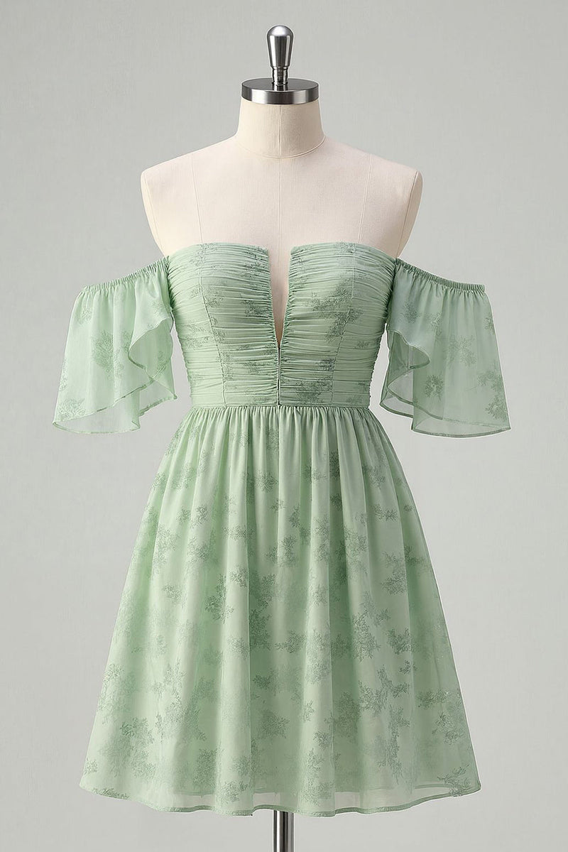 Load image into Gallery viewer, Sage Green Off the Shoulder Short Floral Prom Dress with Ruffles