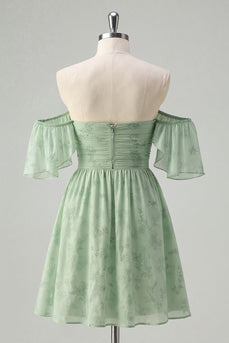 Sage Green Off the Shoulder Short Floral Prom Dress with Ruffles