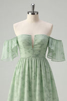 Load image into Gallery viewer, Sage Green Off the Shoulder Short Floral Prom Dress with Ruffles