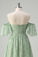 Load image into Gallery viewer, Sage Green Off the Shoulder Short Floral Prom Dress with Ruffles