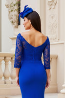 Load image into Gallery viewer, Royal Blue Sheath Off The Shoulder Satin Long Mother of the Bride Dress with Slit
