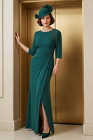 Load image into Gallery viewer, Chiffon Long Mother of the Bride Dress with Slit Pine Green Round Neck Sheath Ruched Wedding Guest Dress