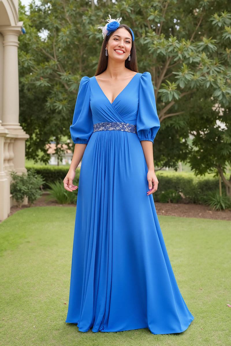 Load image into Gallery viewer, Chiffon Blue V-Neck A Line Long Mother of the Bride Dress with Beading