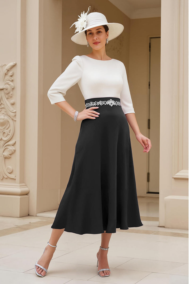 Queendancer Women Black A Line Midi Mother of the Bride Dress with Sleeves Boat  Neck Chiffon Wedding Guest Dress with Beading  queendanceruk