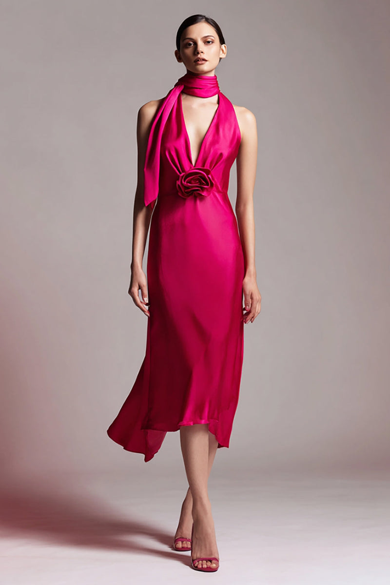 Load image into Gallery viewer, Fuchsia Floral Sheath Satin Neck Scarf Midi Formal Dress