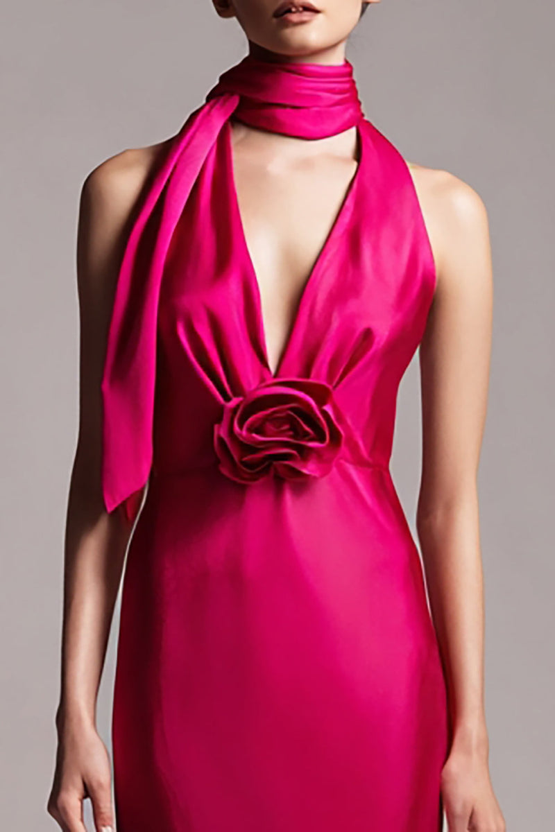 Load image into Gallery viewer, Fuchsia Floral Sheath Satin Neck Scarf Midi Formal Dress