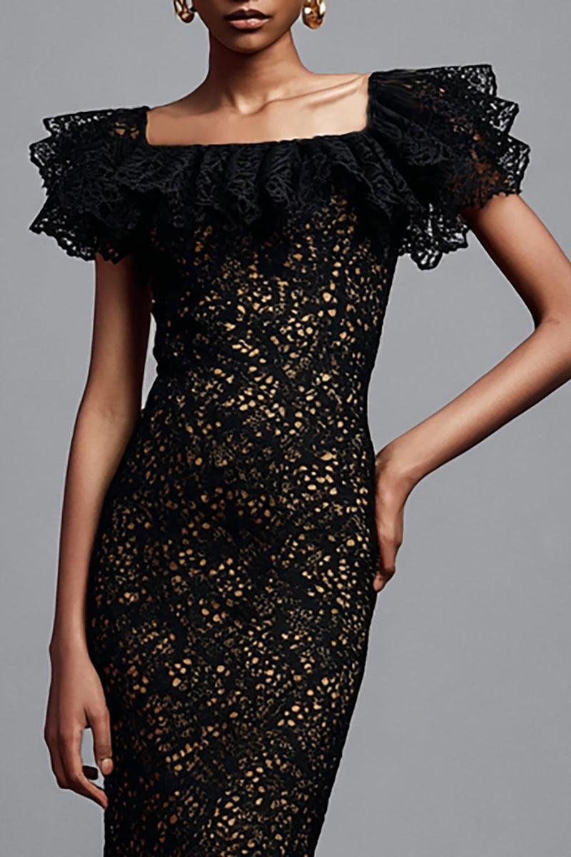 Load image into Gallery viewer, Black Lace Ruffled Mermaid Long Formal Dress with Sleeves