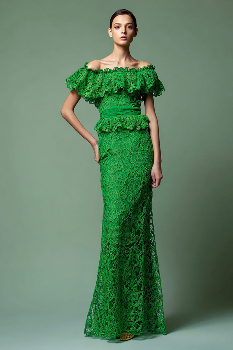 Load image into Gallery viewer, Green Lace Mermaid Off the Shoulder Long Formal Dress with Ruffles