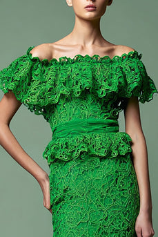 Green Lace Mermaid Off the Shoulder Long Formal Dress with Ruffles
