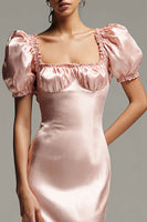 Load image into Gallery viewer, Pink Sheath Satin Puff Sleeves Long Formal Dress