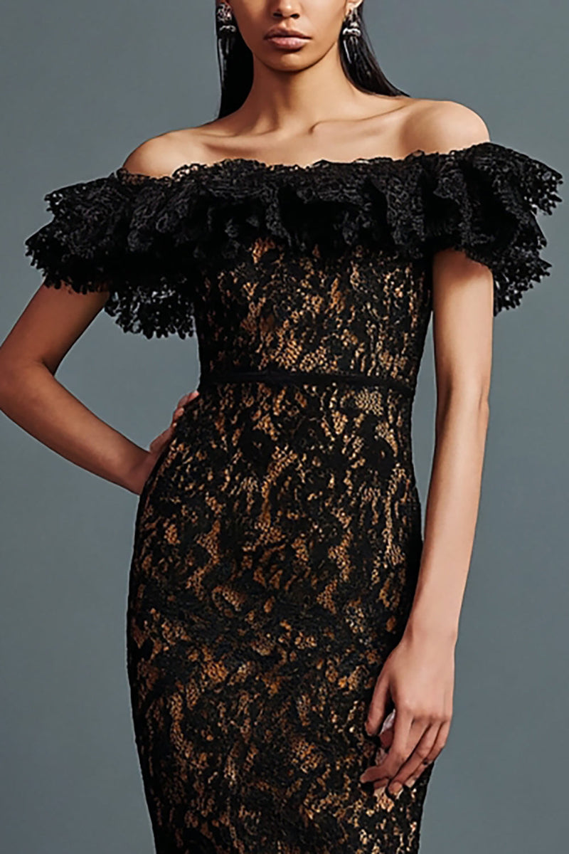 Load image into Gallery viewer, Black Lace Mermaid Off the Shoulder Long Formal Dress with Ruffles