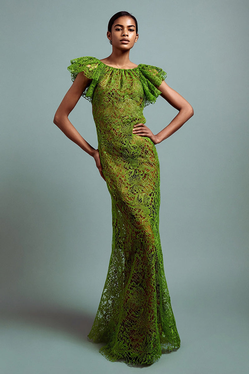 Load image into Gallery viewer, Green Lace Mermaid Ruffled Long Formal Dress
