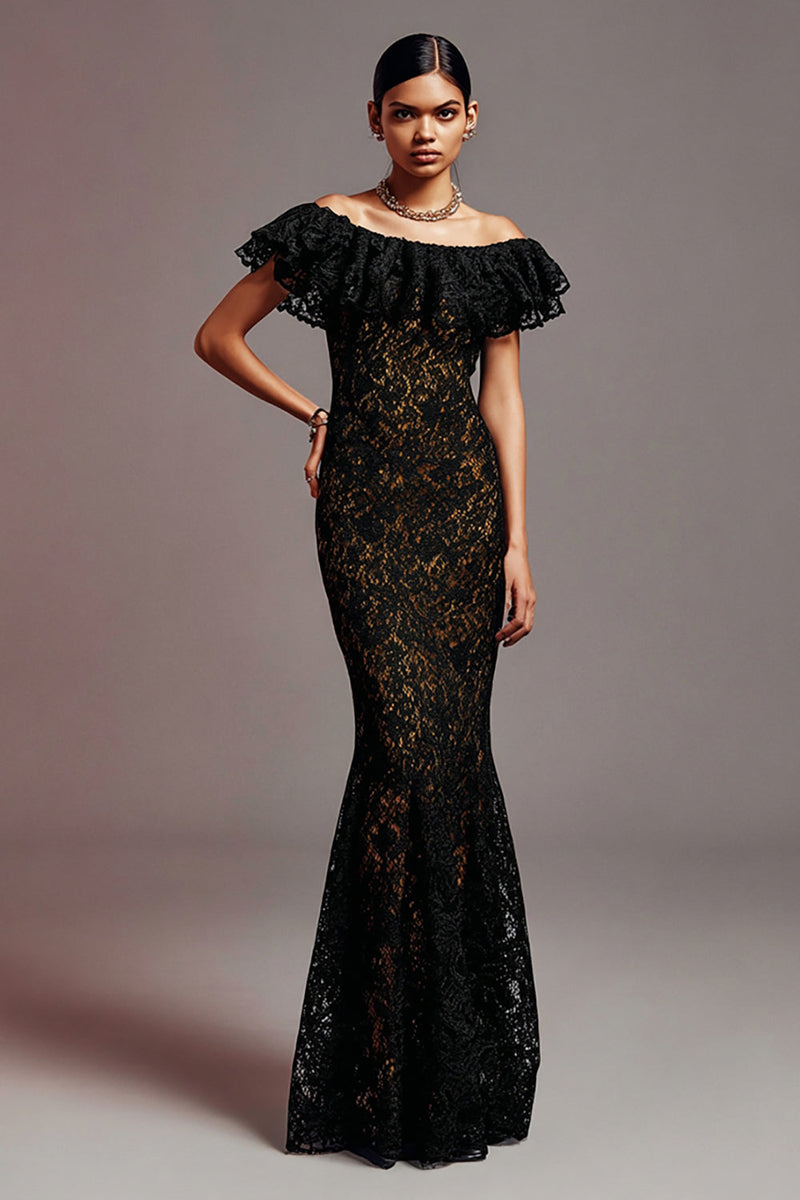 Load image into Gallery viewer, Black Mermaid Off the Shoulder Long Lace Formal Dress with Ruffles