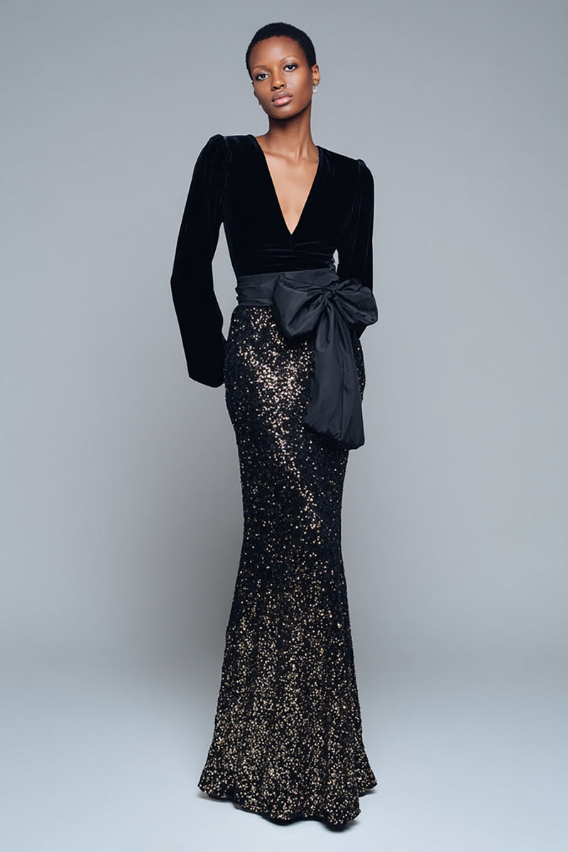 Load image into Gallery viewer, Sparkly Black V-Neck Sequins Long Sleeves Holiday Party Dress with Bow