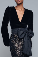 Load image into Gallery viewer, Sparkly Black V-Neck Sequins Long Sleeves Holiday Party Dress with Bow