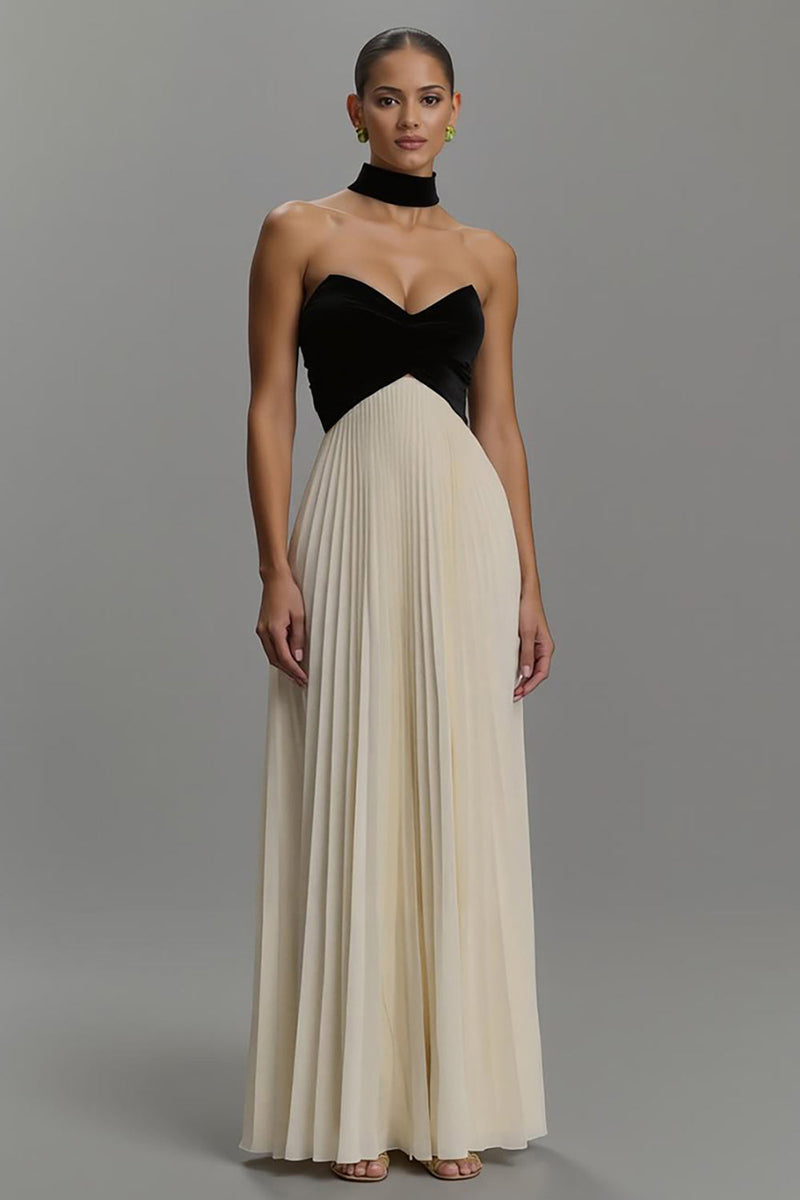 Queendancer Women Black and White Chiffon Long Formal Dress with Pleats Velvet Strapless A Line Neck Scarf Evening Dress queendanceruk Queendancer Women Black and White Chiffon Long Formal Dress with Pleats Velvet Strapless A Line Neck Scarf Evening Dress queendanceruk