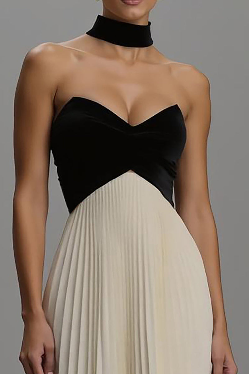 Load image into Gallery viewer, Black and White Neck Scarf Strapless Long Formal Dress with Pleats