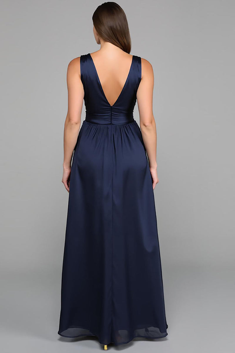 Load image into Gallery viewer, Navy Deep V Neck A Line Long Formal Dress