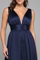 Load image into Gallery viewer, Navy Deep V Neck A Line Long Formal Dress