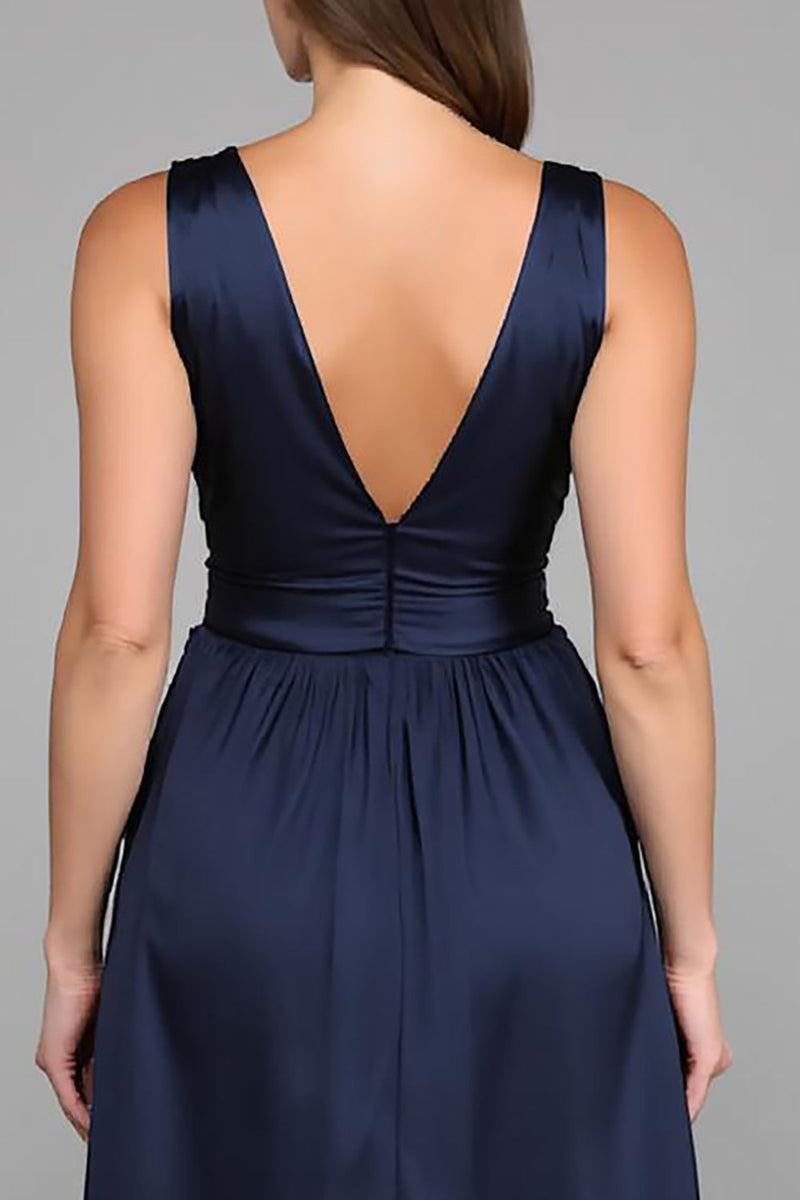 Load image into Gallery viewer, Navy Deep V Neck A Line Long Formal Dress