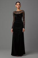 Load image into Gallery viewer, Black Velvet Sheath Illusion Neck Long Formal Dress with Sleeves