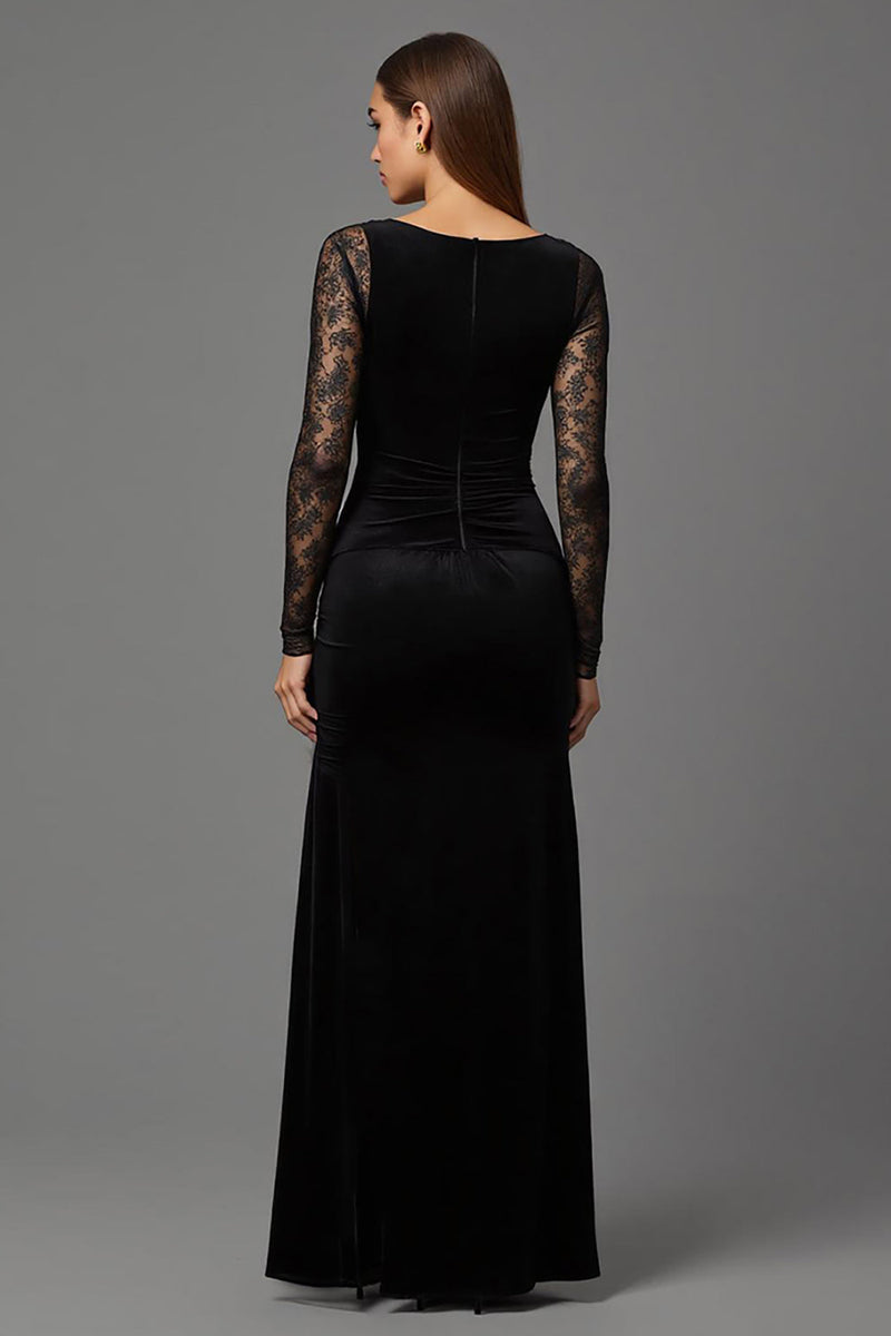 Load image into Gallery viewer, Black Velvet Sheath Illusion Neck Long Formal Dress with Sleeves