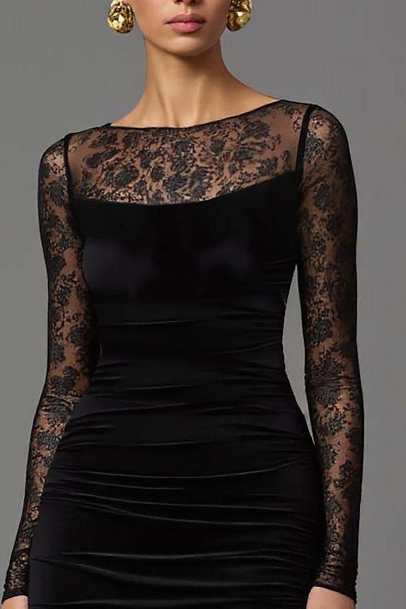 Load image into Gallery viewer, Black Velvet Sheath Illusion Neck Long Formal Dress with Sleeves