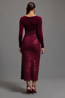 Load image into Gallery viewer, Sparkly Burgundy Sequins Sheath Long Sleeves Formal Dress with Slit