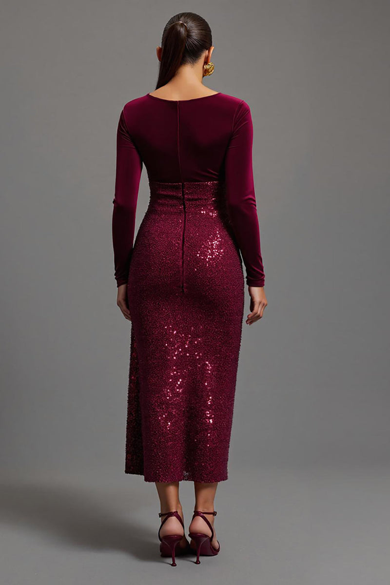 Load image into Gallery viewer, Sparkly Burgundy Sequins Sheath Long Sleeves Formal Dress with Slit