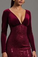 Load image into Gallery viewer, Sparkly Burgundy Sequins Sheath Long Sleeves Formal Dress with Slit