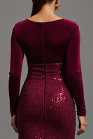 Load image into Gallery viewer, Sparkly Burgundy Sequins Sheath Long Sleeves Formal Dress with Slit