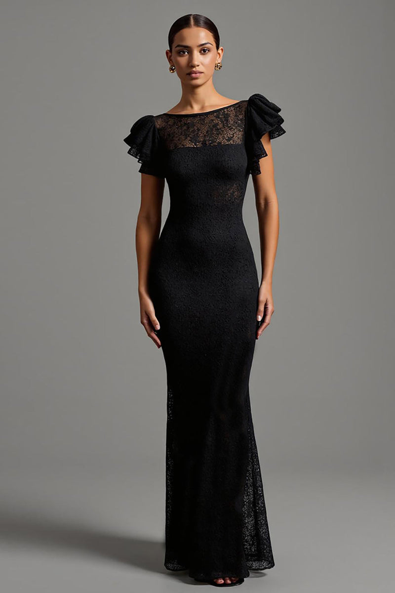 Load image into Gallery viewer, Women Black Long Lace Formal Dress A Line Sheath Boat Neck Evening Dress with Ruffles