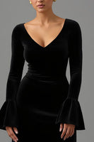 Load image into Gallery viewer, Black Sheath V Neck Velvet Long Formal Dress with Sleeves