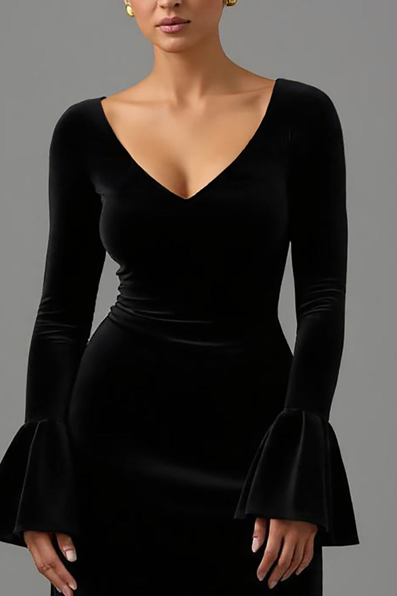 Load image into Gallery viewer, Black Sheath V Neck Velvet Long Formal Dress with Sleeves
