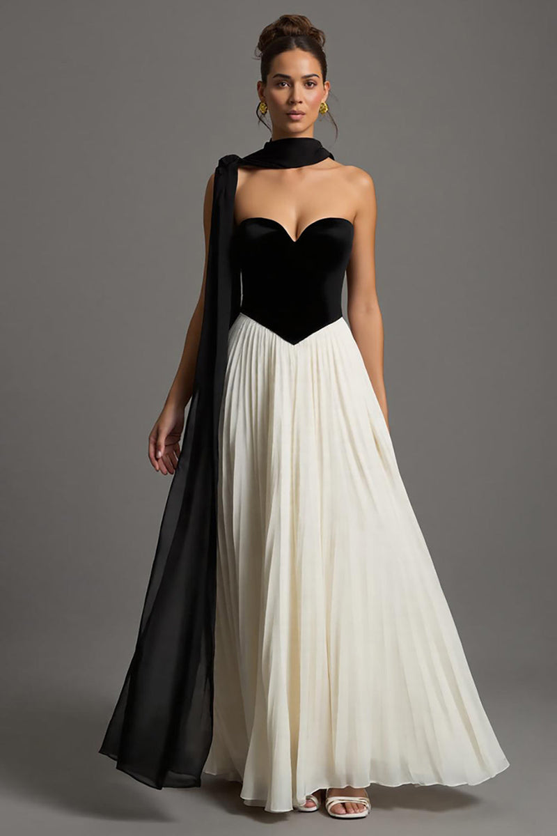 Load image into Gallery viewer, Black and White A Line Chiffon Sweetheart Pleated Long Formal Dress